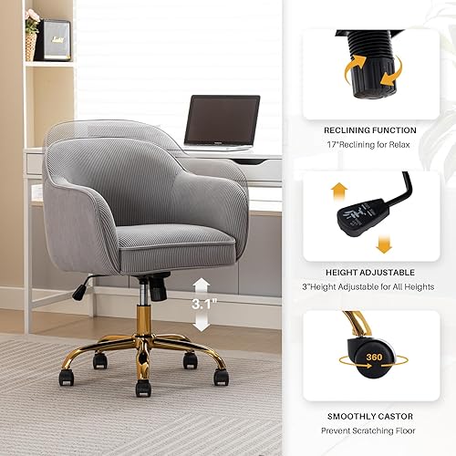 Miniatura 4 de Silla de escritorio para oficina en casa con brazos, ruedas doradas, moderna silla tapizada de terciopelo, silla de computadora con respaldo medio,