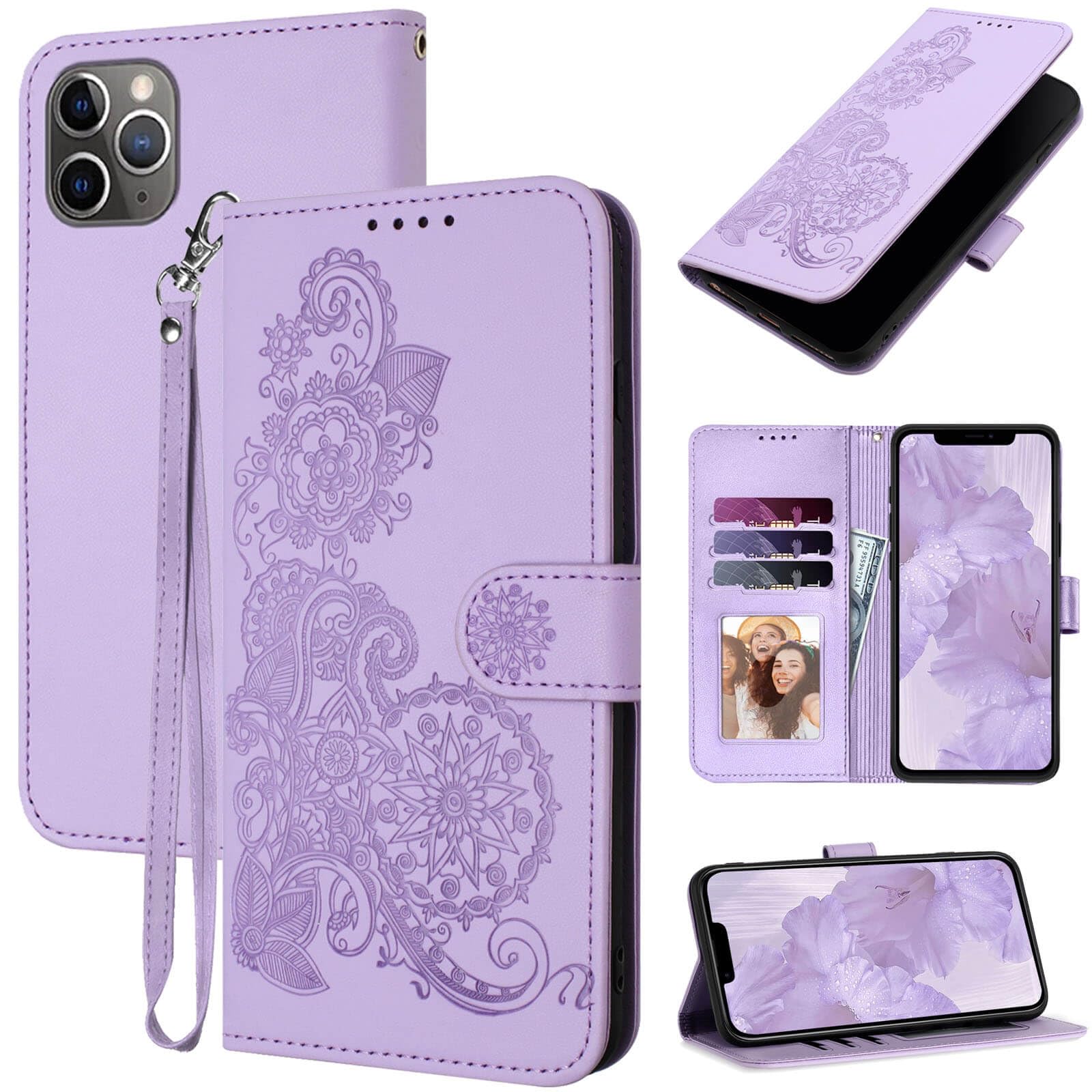 JHWVVTF for iPhone 11 Pro Wallet Case,for iPhone 11 Pro Case,Card Holder Floral Leather Kickstand Flip Cases,Wrist Strap,Magnetic Closure,Shockproof Protective Cute Cover for Women Girl (Purple)
