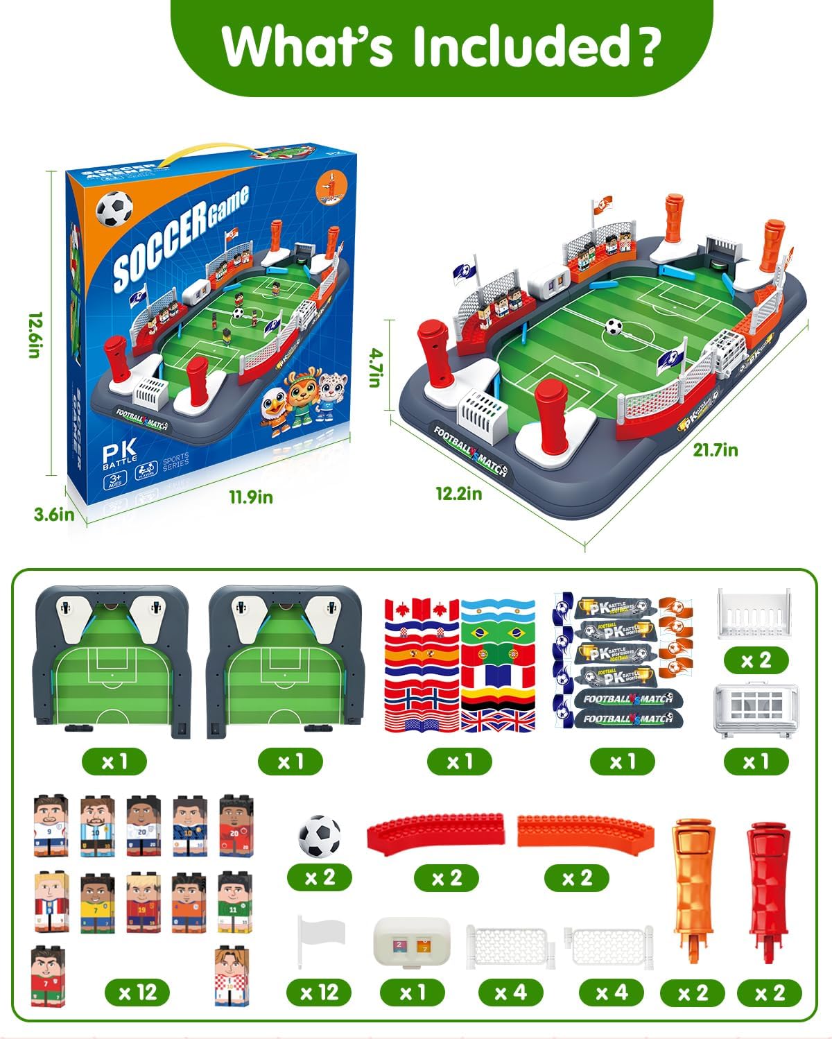 Soccer Board Game for Kids with 12 Countries Flag Stickers & 12 Star Player Figures – Interactive Foosball Table Game, Mini Pinball Sports Toy Boys Girls Birthday Family Party