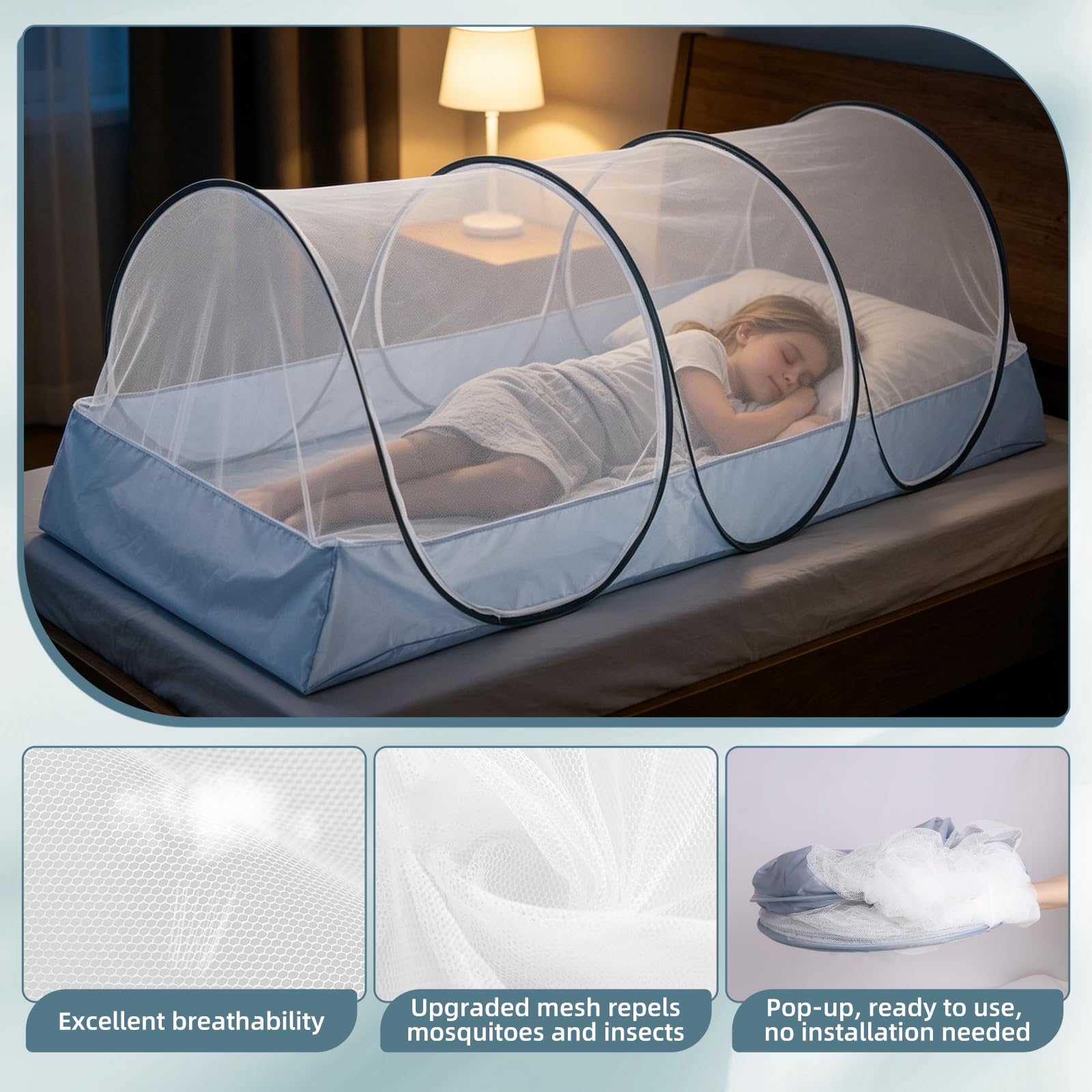 Zanzariera pieghevole, zanzariera per letto singolo, tenda da campeggio portatile con cerniera per casa, viaggi, dormitorio, viaggi all'aperto, 190 x 90 x 90 cm