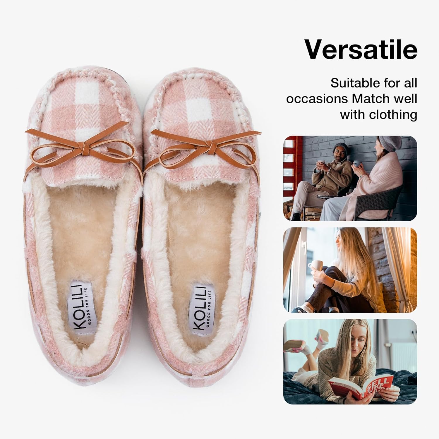 KOLILI Womens Faux Fur Moccasin Slippers, Indoor Outdoor Warm & Cozy House Shoes with Durable Rubber Sole - Image 5