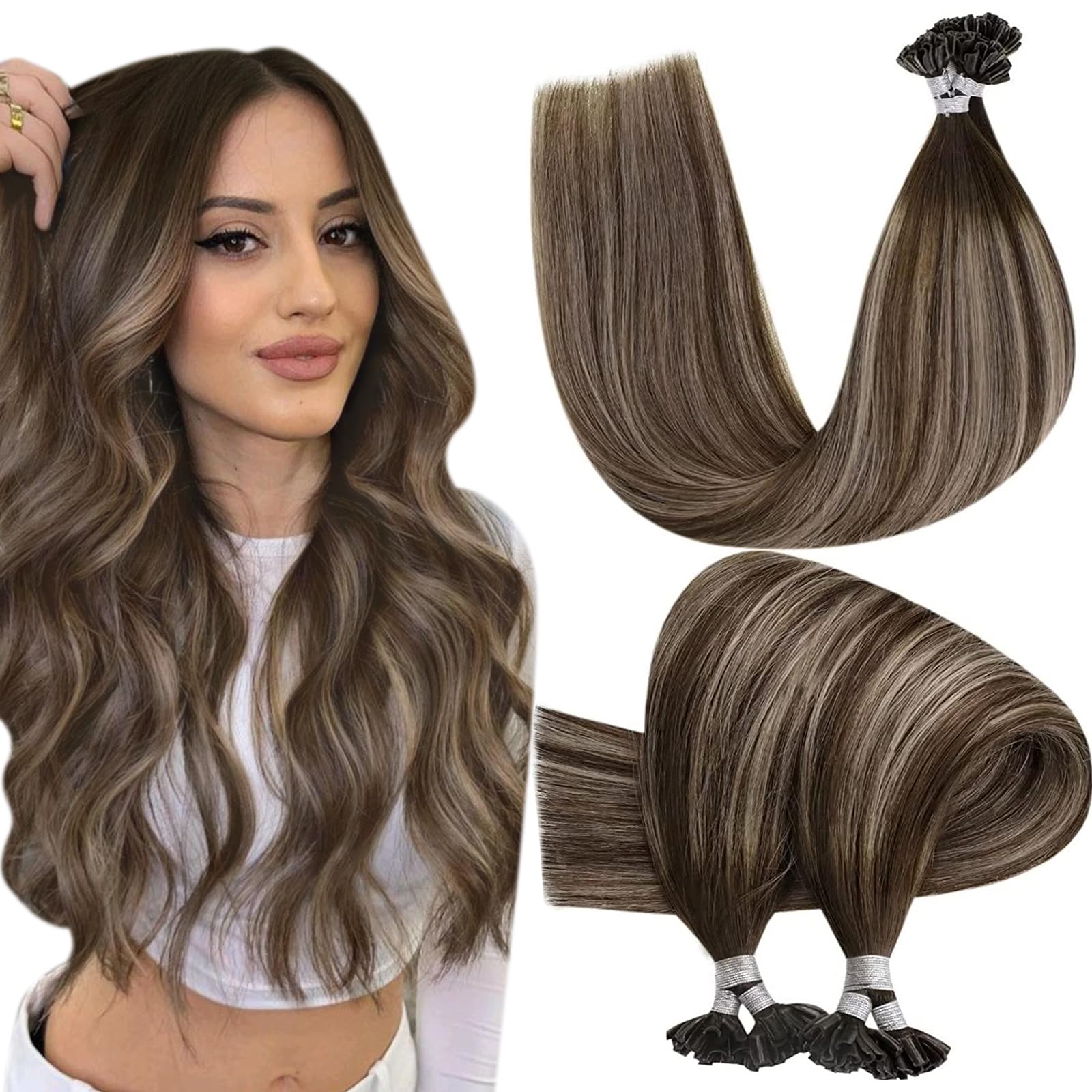 HETTOU Tip Hair Extensions Human Hair Brown U Tip Hair Extensions 22 Inch #4/18/4 Brown Ombre to Ash Blonde Keratin Utip Human Hair Extensions Silky 50 Strands 50g