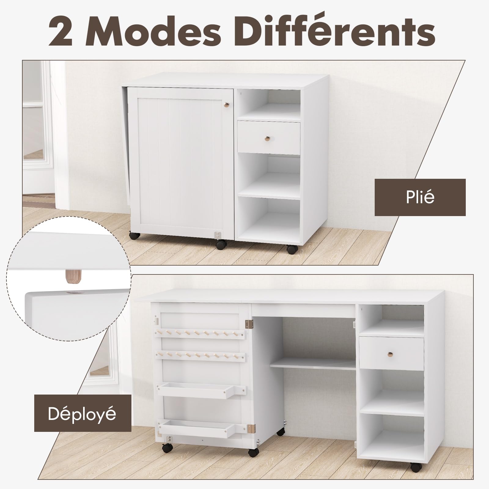 GIANTEX Table de Couture Pliante, Armoire à Couture avec 6 roulettes Verrouillables, 3 Étagères, 3 Compartiments Ouverts, 1 Tiroir, 18 Patères, Meuble Machine à Coudre pour Petits Espaces