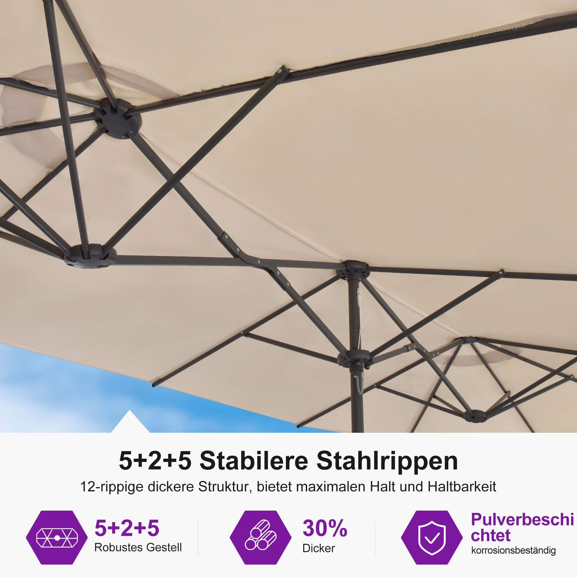 PURPLE LEAF Sonnenschirm 455 × 270 cm mit Kurbel Doppelsonnenschirm, Beige | XL-Schatten, Stabiler Rostschutz-Rahmen, Leichte Kurbelbedienung, UV-Schutz Polyesterz, Inklusive Sandsack, für Cafés