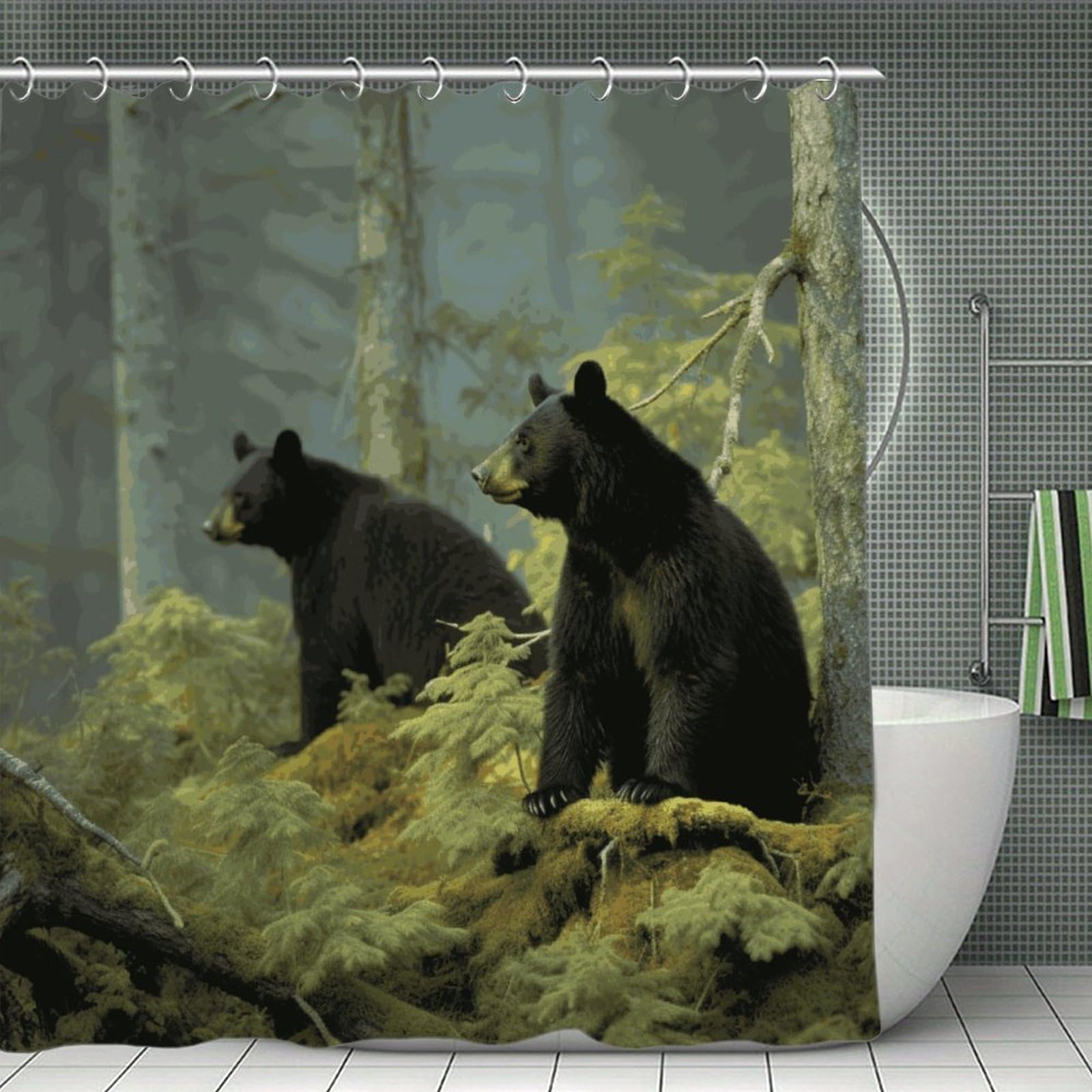 VstaDank Black Bears Shower Curtain Light-Weight Blackout Bathroom Curtain Washable Shower Liner 71x71 Inch Bath Curtain with Metal Holes Bathtub Bath Room