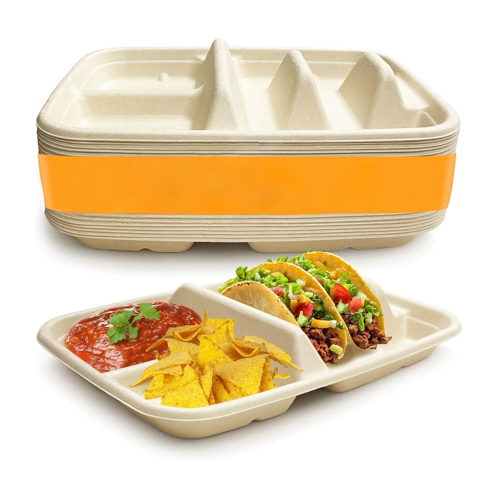 BOPIES Vassoi taco monouso compostabile fibra vegetale due scomparti | Vassoio anti-grasso microonde feste catering camion alimentare messicano(50pcs)