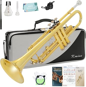 Kmise Bb Standard Trumpet Set, Premium Brass Trumpets Instrument for Beginners Students, School Band Starter Kit with Hard Case, 7C Mouthpiece, Mute, Guide & Cleaning Kit Gold