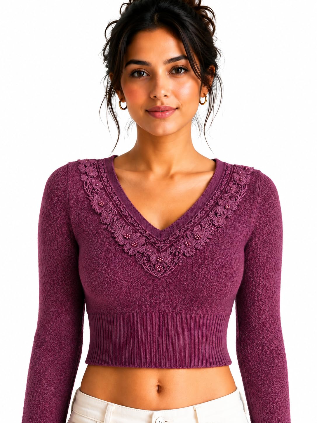 Women's Floral Embroidered V-Neck Crop Sweater | Soft Knit Full Sleeve Winter Crop Top | Casual Stylish Pullover for Women-picture-19