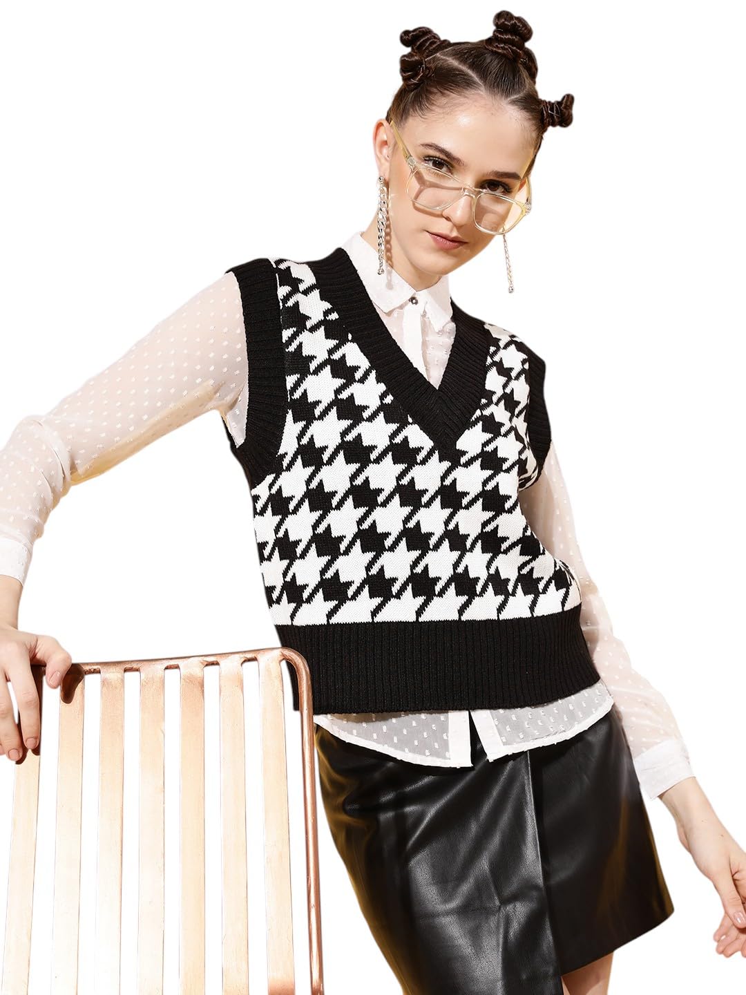 Black Houndstooth V-Neck Sleeveless Sweater-image-44