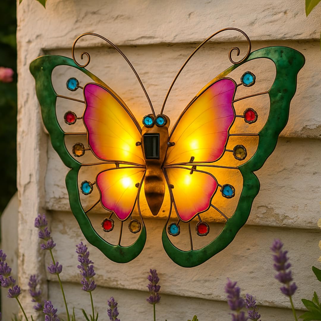 Solar Butterfly Wall Art with LED Lights, Metal Garden Wall Decoration, Solar Outdoor Wall Light Ornament for Fence Patio Shed, 57.5 x 40 cm