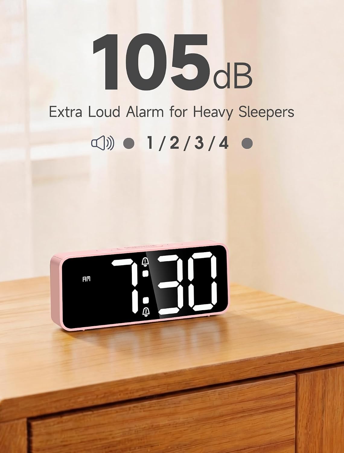 Cadmos Battery Operated Small Cute Digital Alarm Clock for Bedroom — Cordless or Plug-in Birthday Gift for Girls Teens Women, Extra Loud 105dB LED Desk Clock, 2 Alarms, 5-Level Dimmer(Pink+White)