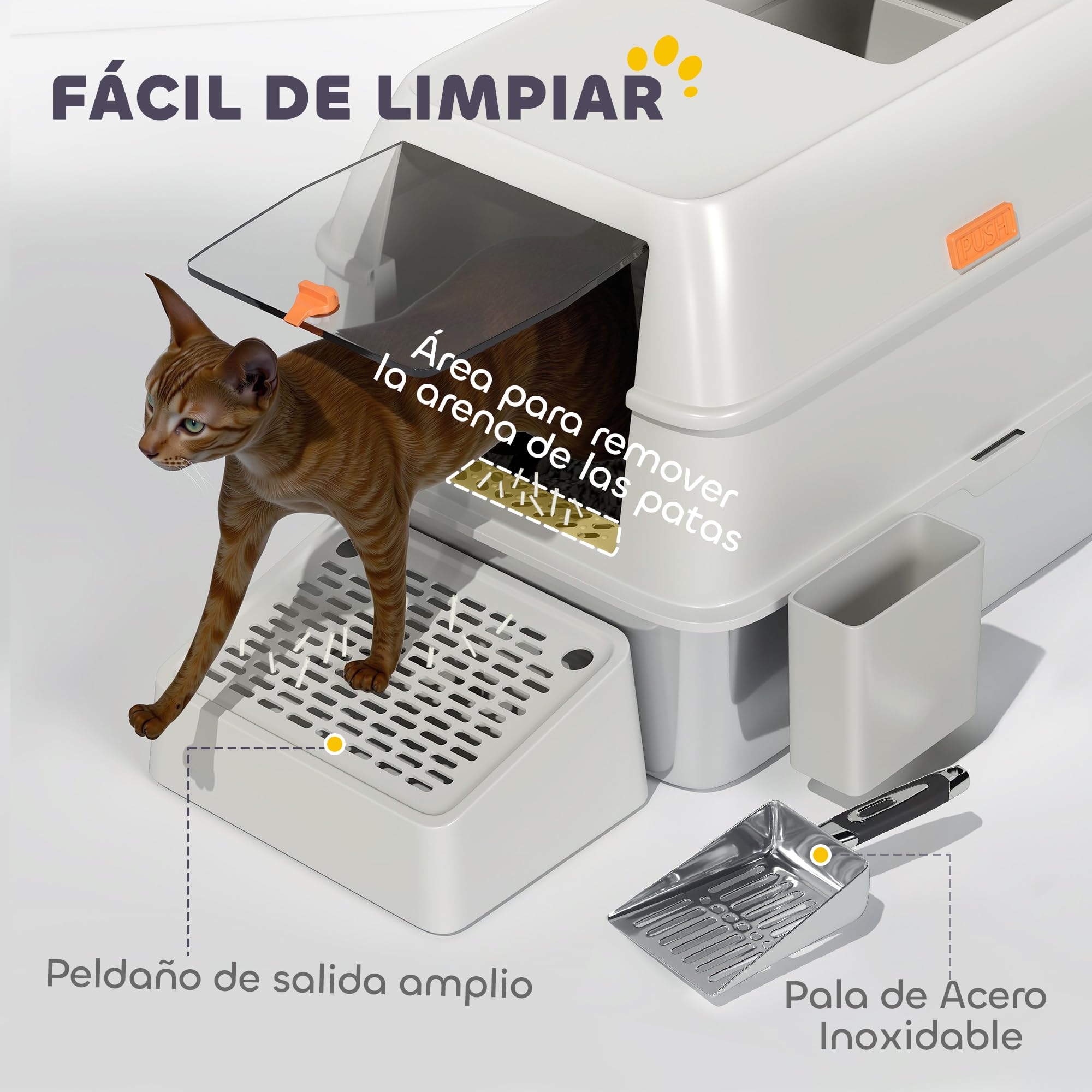 PawHut Arenero para Gatos Cubierto de Acero con Paso de Salida Gris Claro | Caja de Arena para Gatos, Pala de Acero