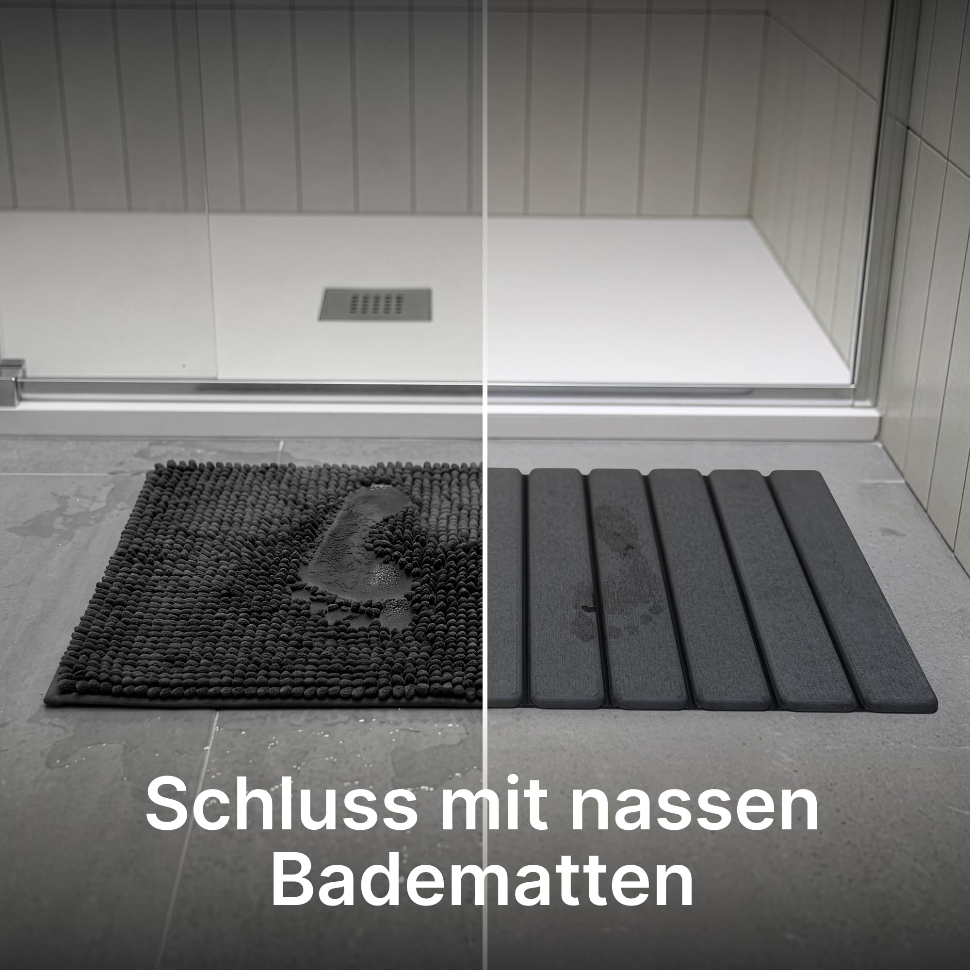 Minismus Aufrollbare Steinmatte 60 × 40 cm aus Diatomit – Schnelltrocknender Duschvorleger fürs Badezimmer – Kieselgur Stein, Dunkelgrau
