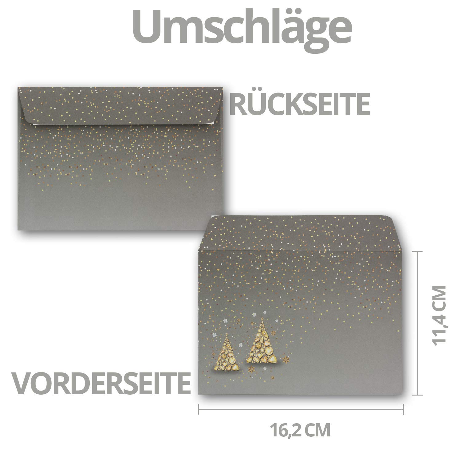 Juego de 75 tarjetas navideñas DIN A6 en gris con motivo de árbol de Navidad con piedras preciosas - Tarjetas plegables con sobres a juego DIN C6 en gris