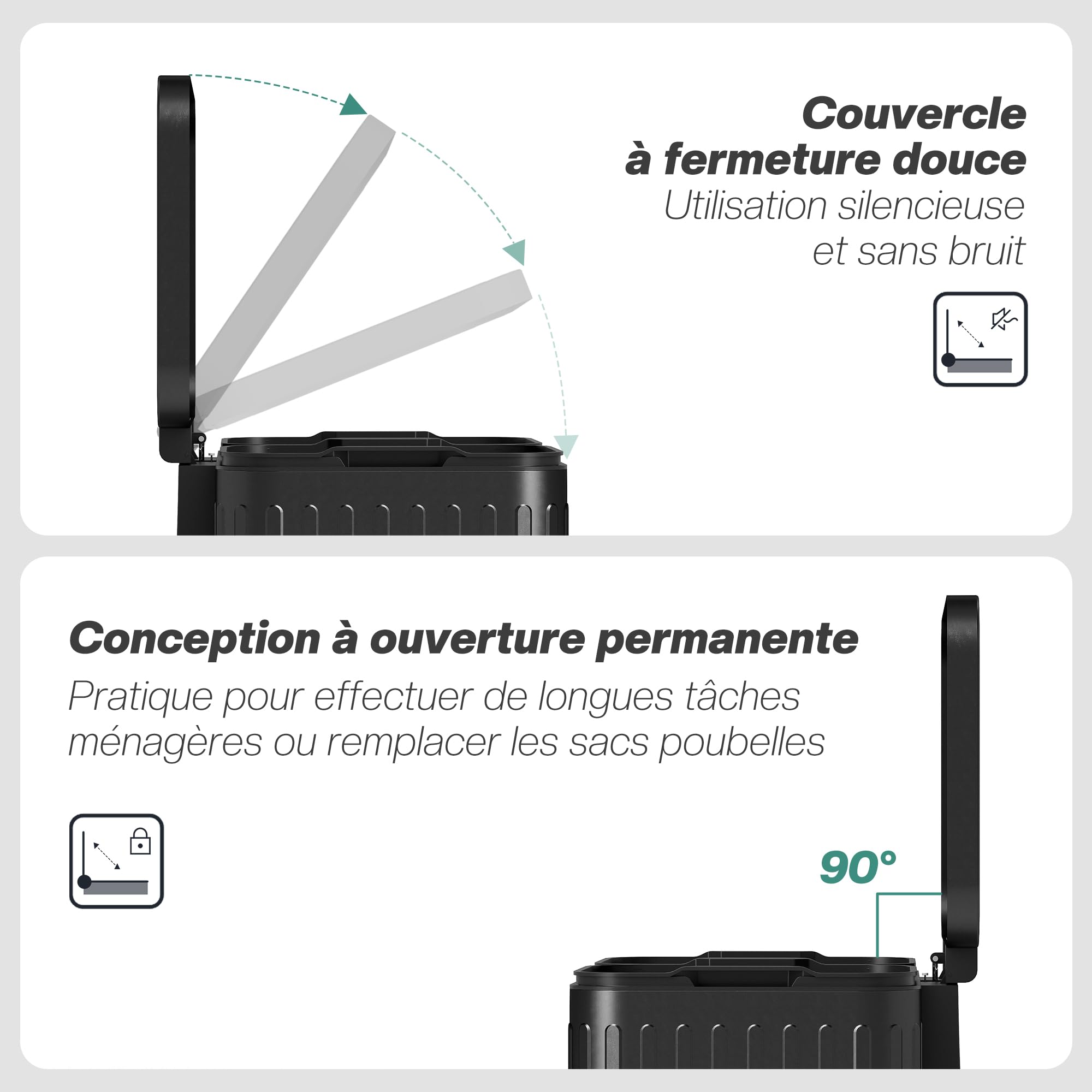 HOMCOM Poubelle à double compartiment 2 x 20L, poubelle de cuisine à pédale tri sélectif, seaux intérieurs amovibles, couvercle fermeture douce, maintien en ouverture, sacs-poubelle, anti-traces, noir