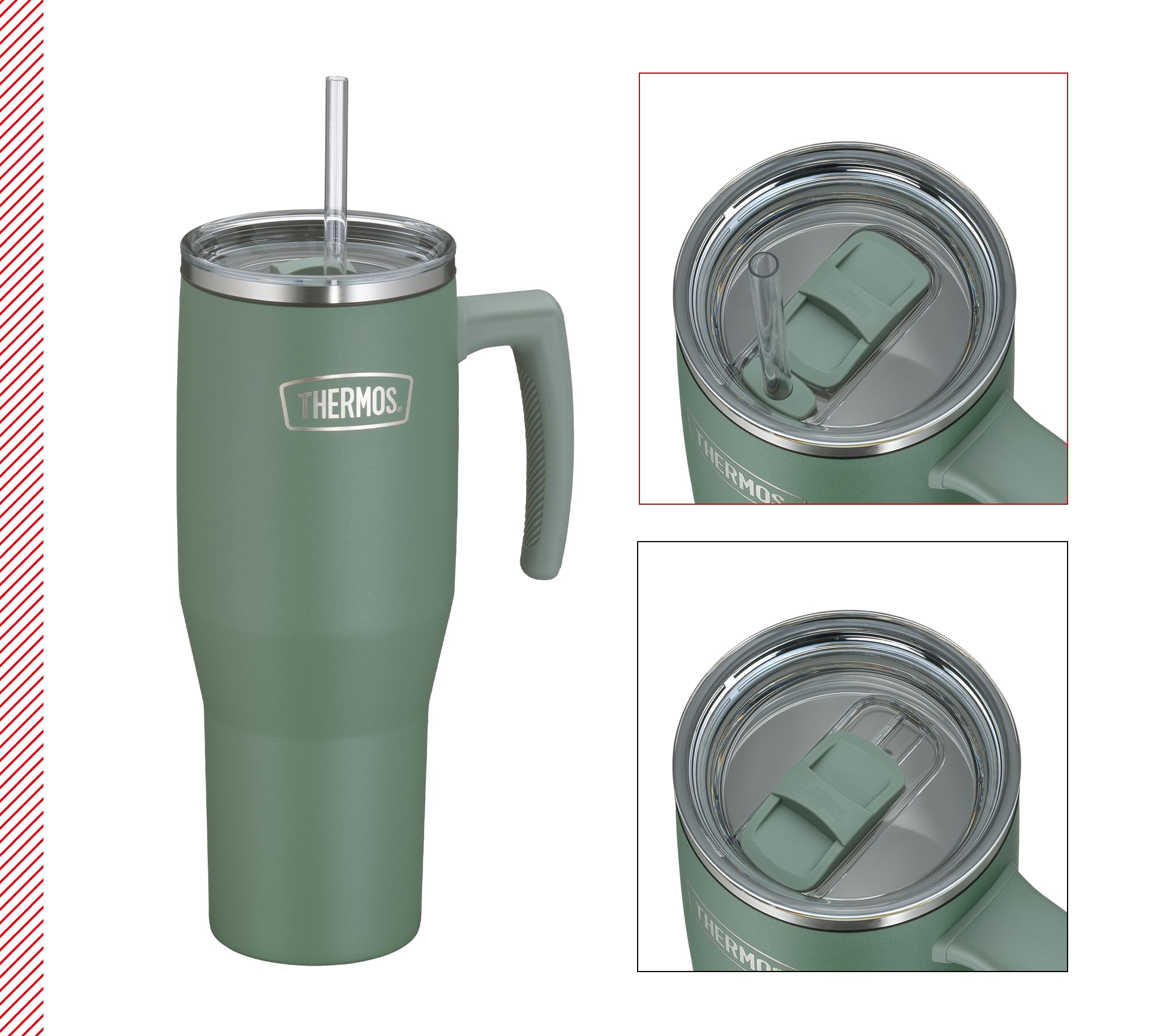Thermos REFRESHING SERIES - Gobelet isotherme - 1,1 l - Vert mat - Avec paille et poignée - Pour les déplacements, le travail ou la maison - Double paroi en acier inoxydable neutre au goût