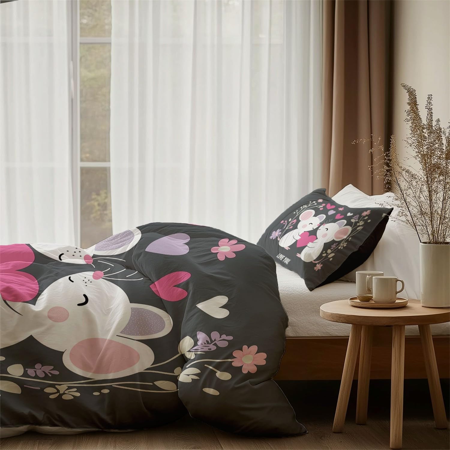 Dwustronna kołdra zestaw pościeli styl kreskówkowy urocze myszy miękka szczotkowana mikrofibra 260 x 220 cm zestawy poszewek na kołdrę - poszewki na poduszki prześcieradło jakość hotelowa zestaw