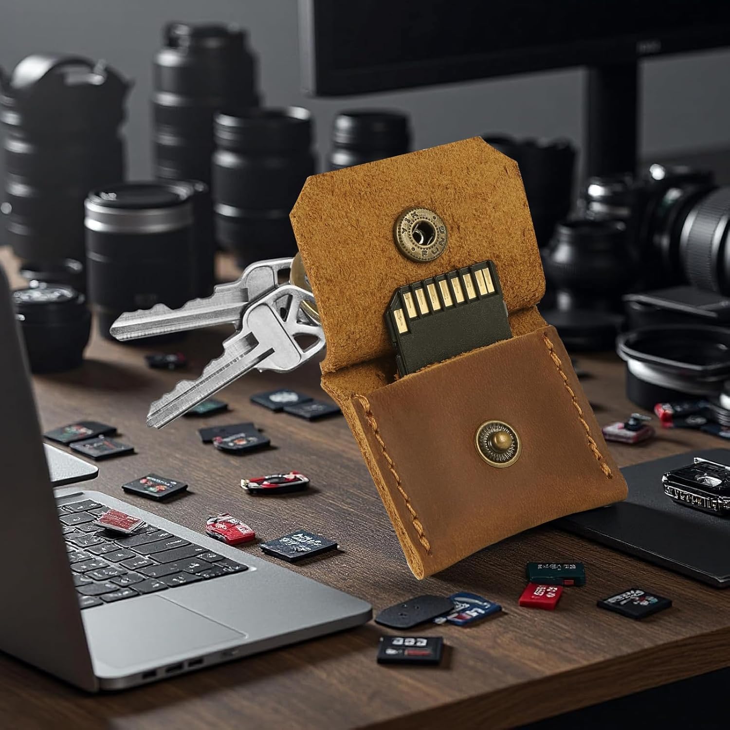 Jack&Chris SD-Kartenhalter aus echtem Leder, Schlüsselanhänger, Anti-Schock, Anti-Staub-SD-Karten-Hülle, tragbares Kamerazubehör für SD CF CFexpress Micro SD Nano SIM und Micro-SIM-Karten, Gelbbraun