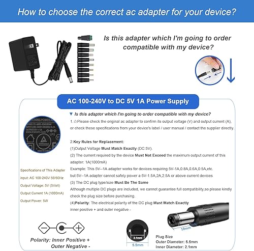 Miniatura 5 de 5V 1A Cargador de pared Adaptador de corriente con enchufe 5.5 x 2.1mm, 5W Adaptador universal ACDC 100-240V AC a DC 5V Convertidor de cable de