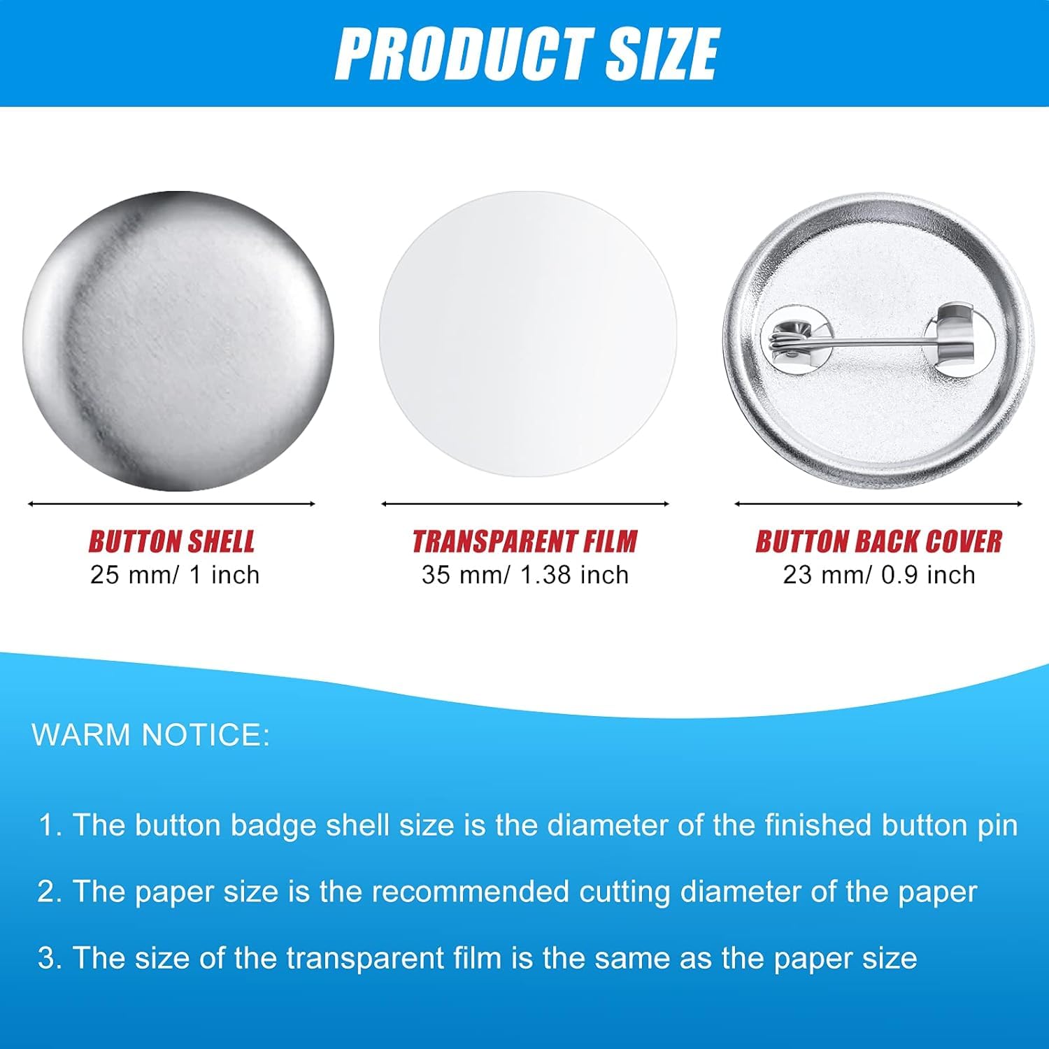 200 accesorios para hacer botones en blanco para máquina de hacer botones, 58 mm, pin redondo para insignia, parte trasera de plástico, lámina transparente y papel en blanco, 58 mm