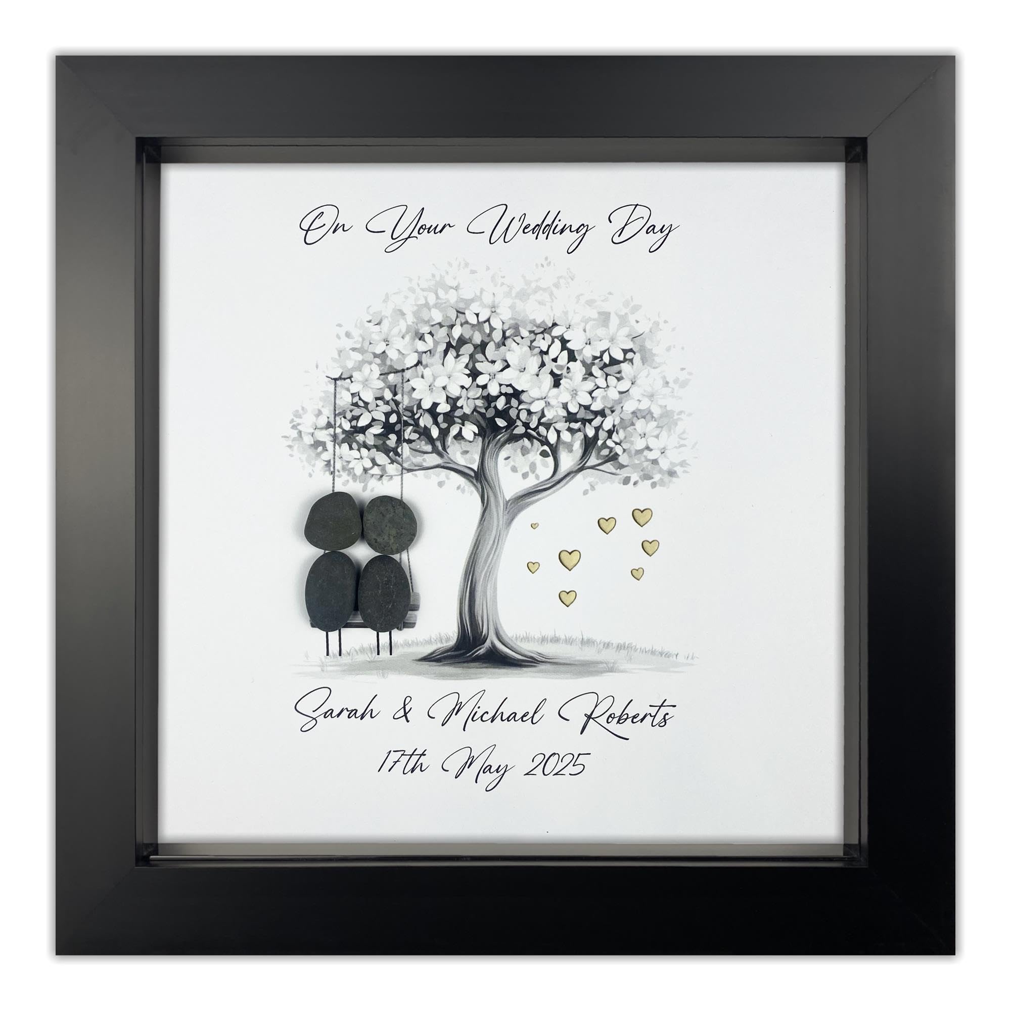 Handmade Fully Personalised Wedding Day Pebble Art Gift, Pebble Picture, Mr & Mrs Gift, Couples Gift, Couple on Swing Gold (Black Frame)