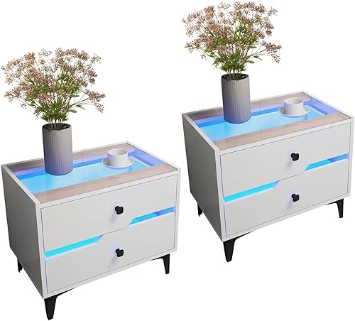 Juego de 2 mesitas de noche LED, mesa auxiliar blanca con 16 luces LED de color, mesa de noche moderna de alto brillo con 2 cajones deslizantes de