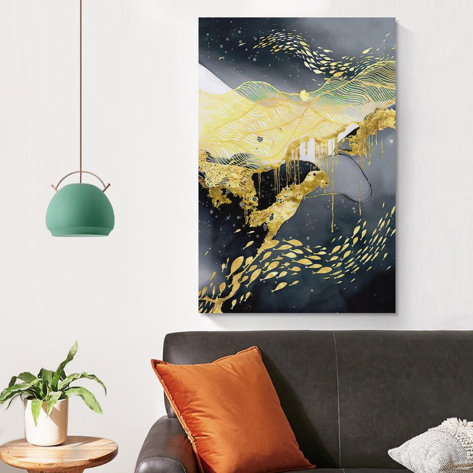 Amazon.co.jp: 抽象的な緑、黄色、光沢のある金の北欧絵画ポップアート