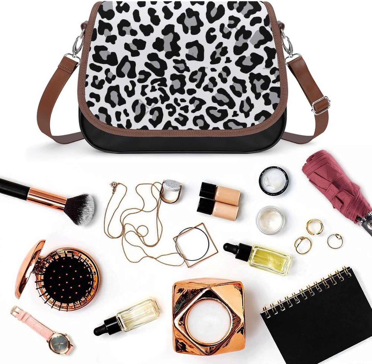 Black, White And Grey Leopard PrintWomen's Faux Leather Crossbody Bag, Waterproof Wrinkle-Resistant Shoulder Bag with Detachable Strap, Large Capacity Casual Handbag, Fashion Daily Purse for Shopping