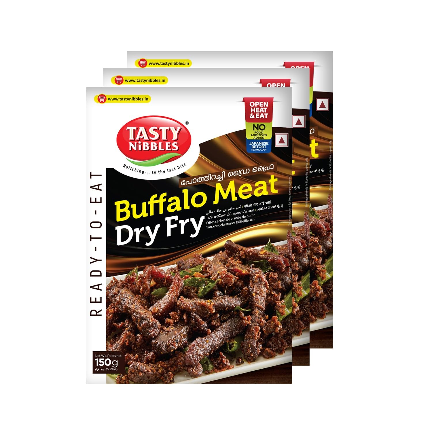 TASTY NIBBLES Ready to Eat Buffalo Meat Dry Fry 150GM Pouch| Kerala Special | Open Heat & Eat | Non-Vegetarian | No Added Preservatives | Japanese Retort Technology 150GM Pouch (Pack of 3)