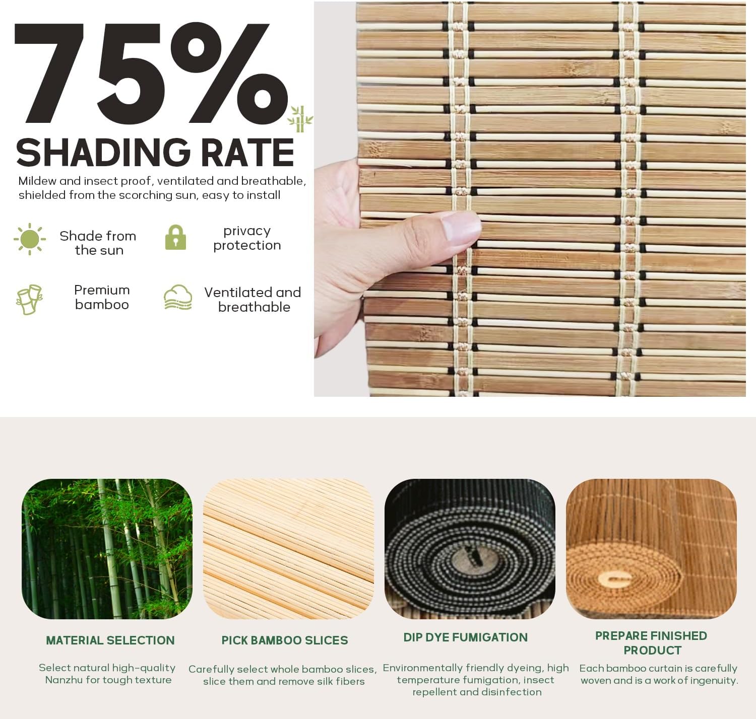 Bamboo Blinds, Bamboo Shades for Indoor Windows, Natural Woven Bamboo Window Shades, Light Filtering Privacy Roller Blinds for Home, Living Room, Bedroom, Patio-Wide Bamboo strips-36 W x 72" H
