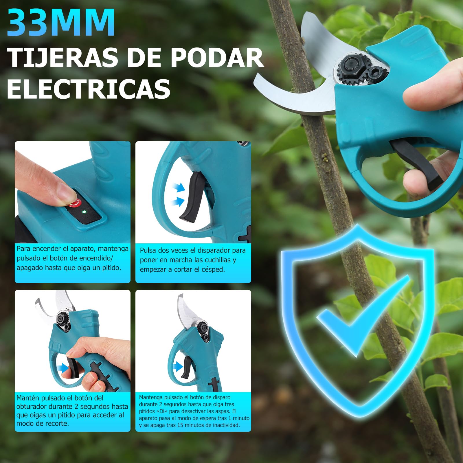 Tijeras de Podar Electricas,33mm 21V Potentes Tijeras de Podar con 2 x 2000mAh Baterías,1000W Larga Duración,Silenciosa,Podadoras Profesionales sin Escobillas para Jardinería,árboles Frutales,Viñedos