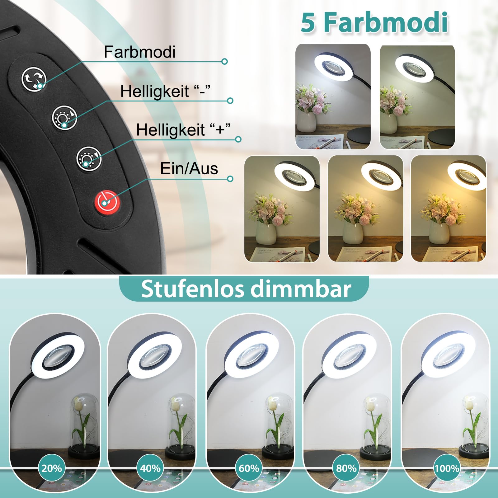 12X Lupe mit Licht und Ständer, 5 Farbmodi Dimmbar, Flexible Schwanenhals LED Schreibtischlampe Hände Frei für Malerei, Kunsthandwerk, Hobby, Nähen, Schließen Arbeit