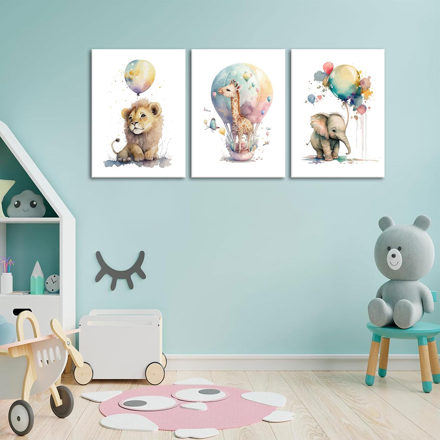 Lienzo decorativo para pared de niños, diseño de jirafa, león y elefante, 3 piezas, diseño de animales de safari, decoración de pared para habitación de niños y niñas, sin marco