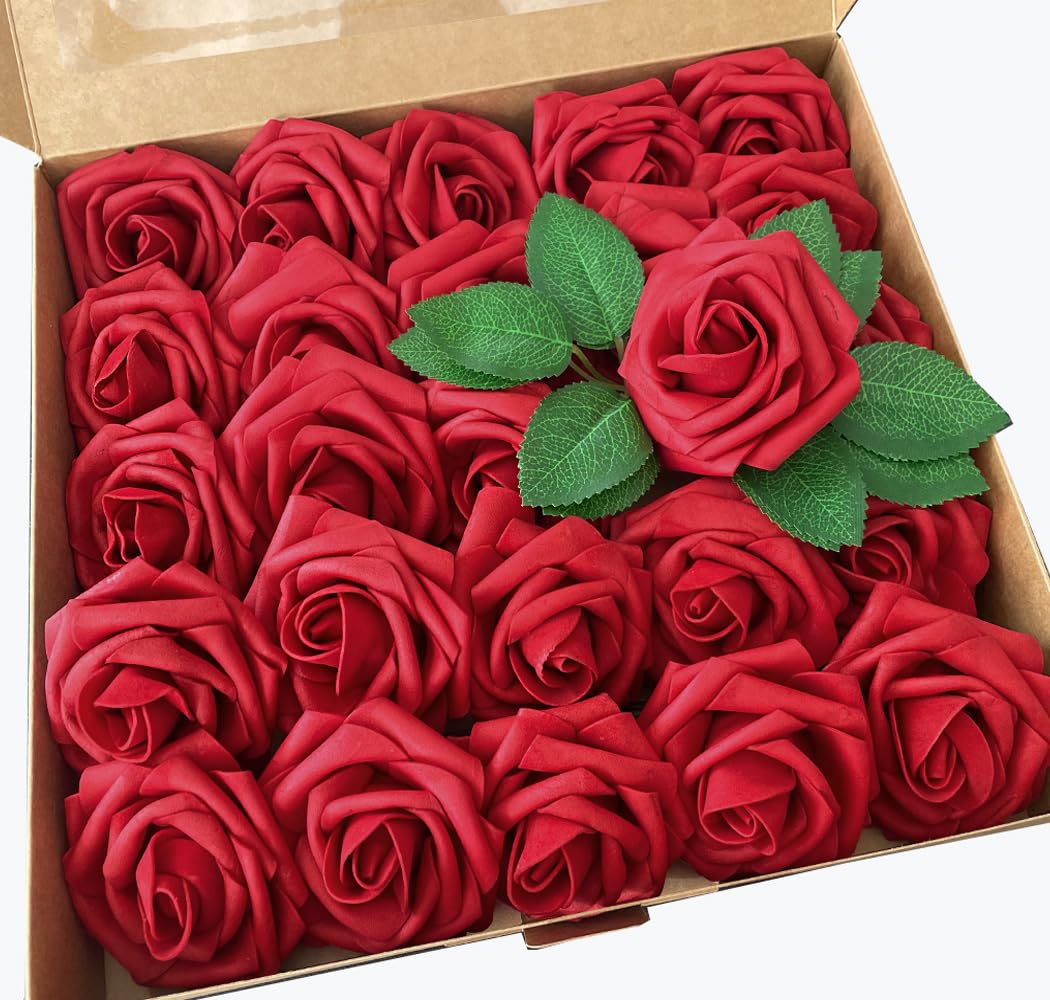 Red Roses Artificial Flowers 25pcs, Red Artificial Roses with Stems, Fake Red Roses for DIY Wedding, Artificial Red Roses Bouquets Party Bridal Shower Centerpieces Decor