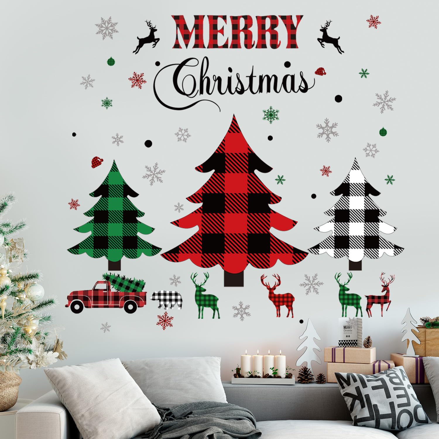 Christmas Wall Sticker Christmas Trees Window Clings Rustic Buffalo Check Plaid Xmas Tree Wall Decal Farmhouse Reindeer Snowflake Wall Sticker Waterproof Truck Wallpaper for Showcase Window Room