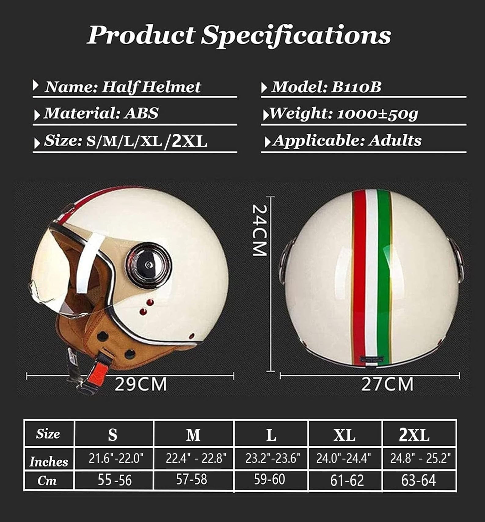 Kask niskoprofilowy z otwartą twarzą, kask motocyklowy z osłoną przeciwsłoneczną, kaski motocyklowe z otwartą twarzą dla dorosłych motocyklistów(3,XL=61~62cm)