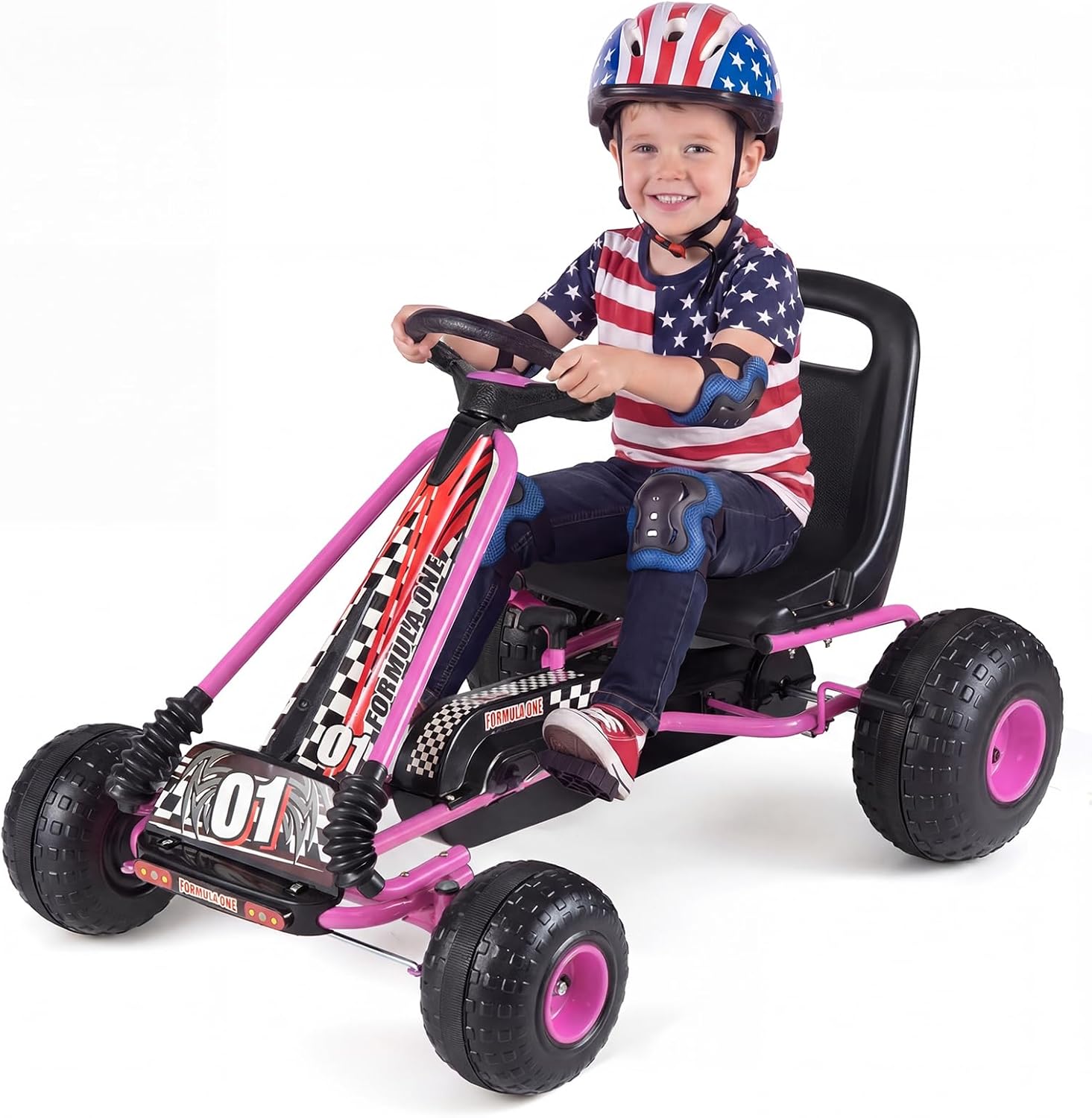 GLACER Kids Pedal Go Kart, 4 Wheel Pedal Powered Ride On Car w/Adjustable Seat, Hand Brake & Clutch, Off-Road Racer Toy for Boys & Girls Ages 3-8 (Pink)