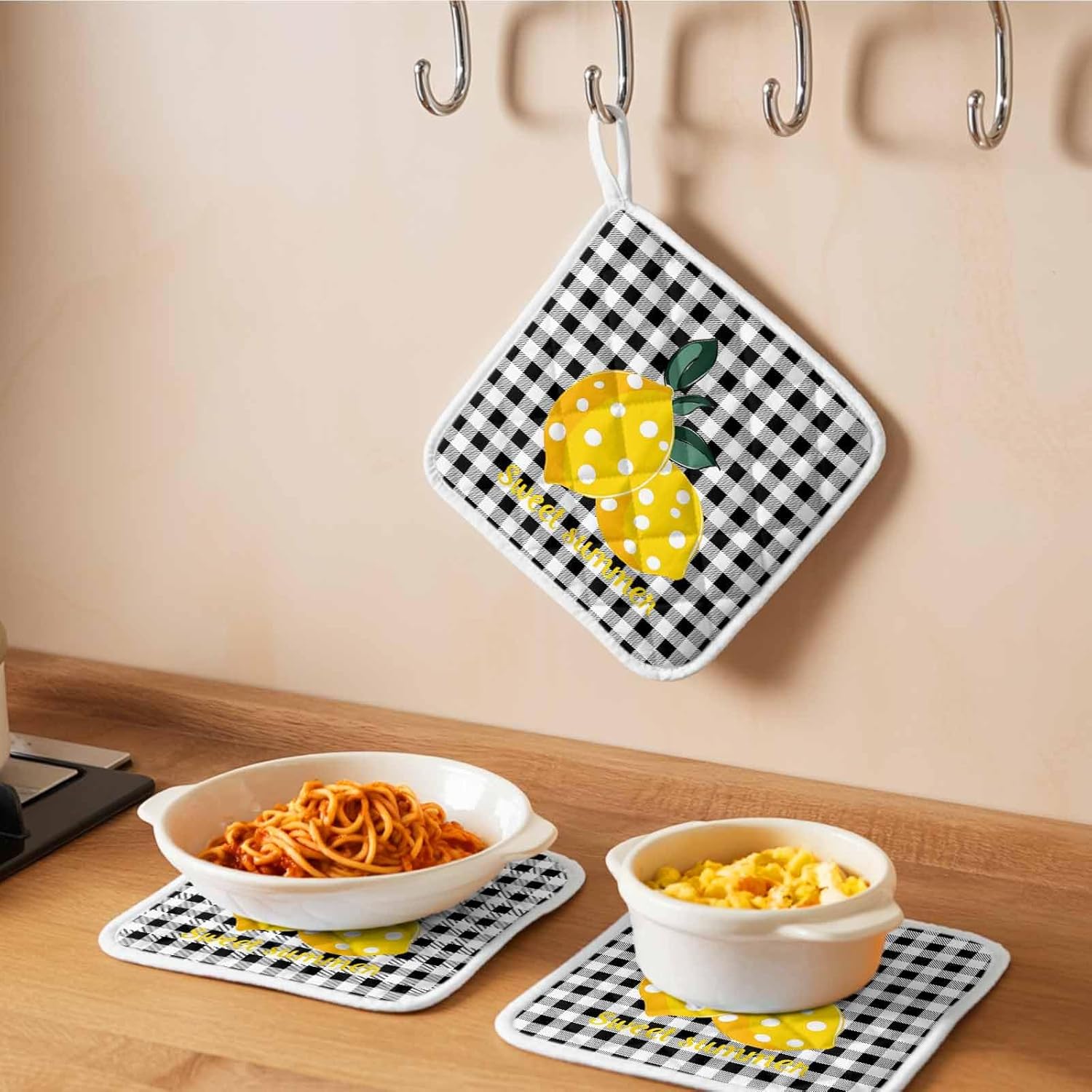 5 Pack Pot Holders for Kitchen, Yellow Lemons Hot Pads for Kitchen Countertops Oven Pot Holder Bulk, Summer Botanical Black White Plaid Farmhouse Heat Insulation Potholders with Hanging Loops