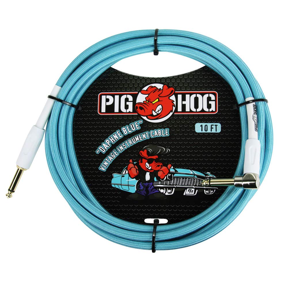 Pig Hog PCH10DBR Gitarrenkabel (1/4 Zoll auf 1/4 Zoll, rechtwinklig, Daphne), Blau, 3 m (2 Stück)