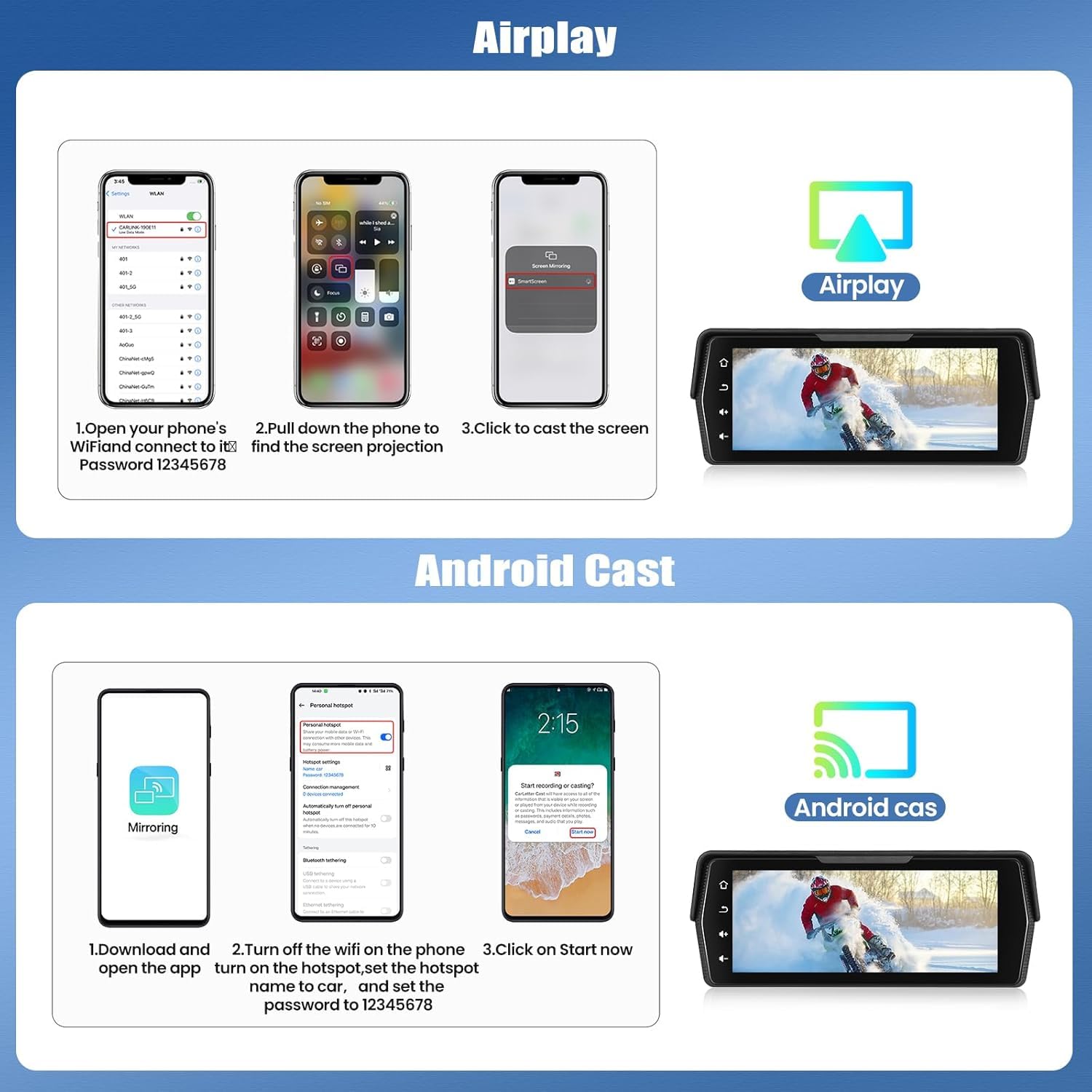 CAMECHO [Bezprzewodowy CarPlay] Pionowy 5-calowy ekran motocyklowy IPS HD bezprzewodowy CarPlay i Android Auto IP68 z Bluetooth uniwersalny monitor motocyklowy z regulacją EQ