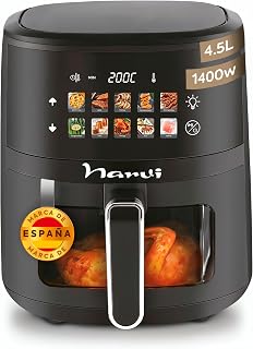 Narvi Freidora de Aire 1400W con Bandeja de Cristal Visible – Air Fryer Cristal Freidora Aire 4,5 Litros Hasta 200 °C, Cocción 360°, Panel Digital Táctil, Apta Lavavajillas, Bajo Consumo