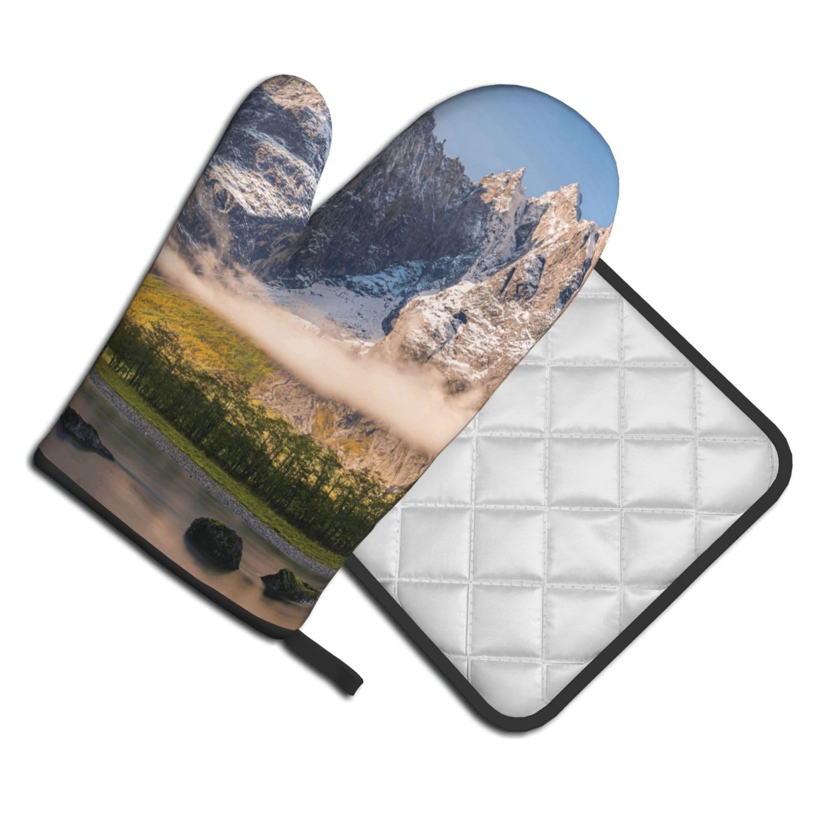 Oven Mitts and Pot Holders Set of 2 Pcs, Travel Mountain Scenery Printed Heat Resistant Kitchen Gloves Potholders for Cooking Baking Grilling