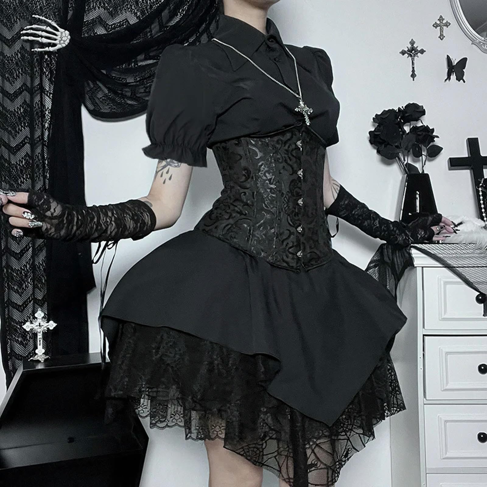 Gonne a Trapezio in Pizzo Nero Gotico per Donna Gonna Estiva Lolita Abiti gotici Streetwear Anni '90-Nero-M