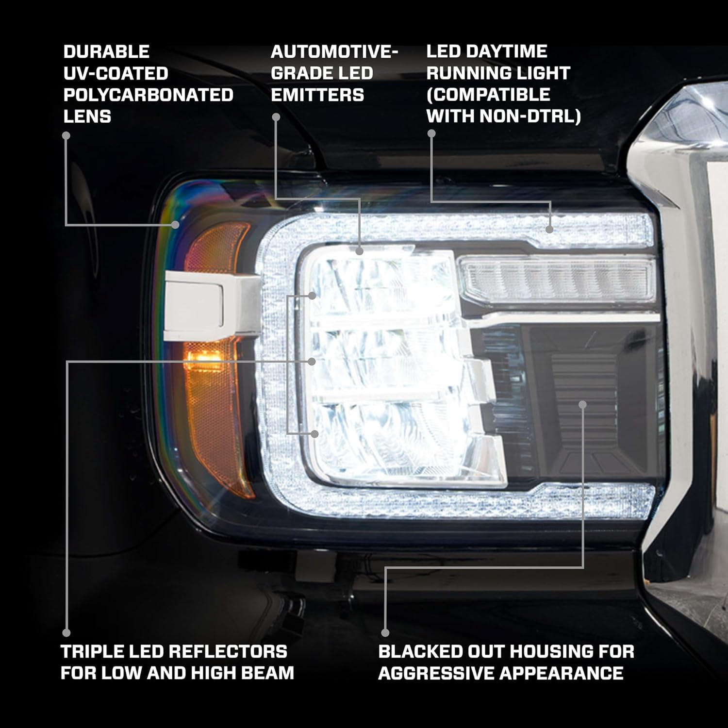 Form Lighting Sequential LED Projector Headlights with White DRL compatible with GMC Sierra 1500/2500/3500 2014-2018 (pair)