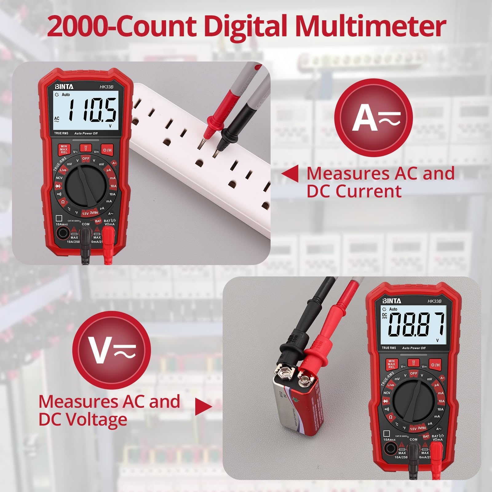 BINTA Digital Multimeter 2000 Counts with AC/DC Voltage, Ohm Volt Amp Meter Tests Live Wire, NCV, Temperature, Continuity - Image 2
