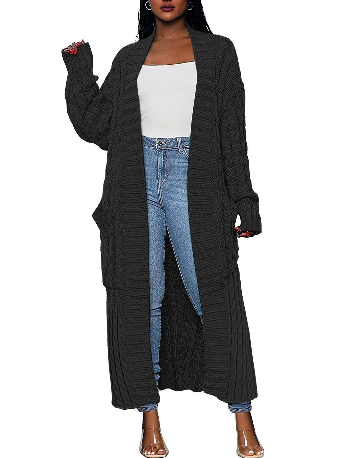 Caracilia Womens Long Cardigan Sweaters 2025 Fall Open Front Coat Long Sleeve Cable Knit Maxi Outerwear Trendy Jacket