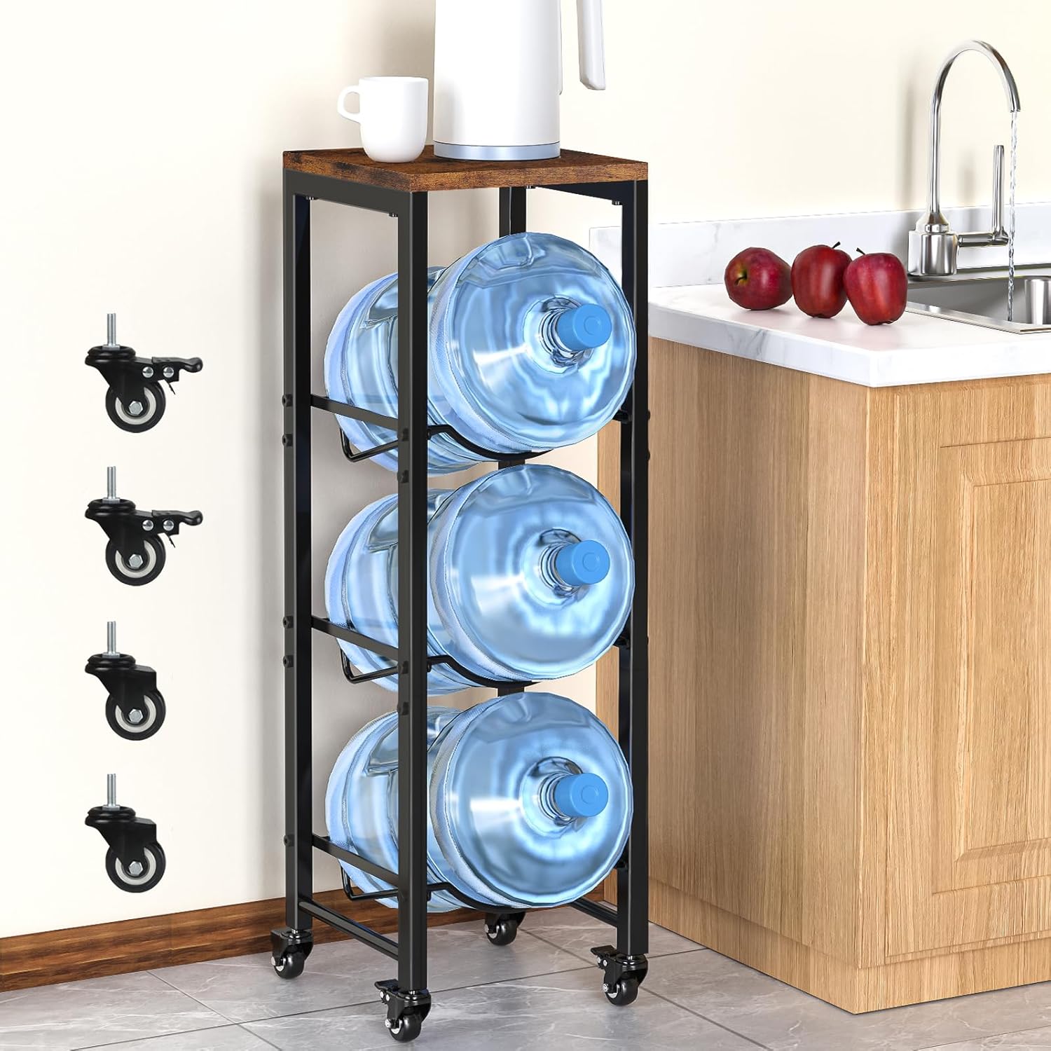 5 Gallon Water Bottle Holder, 3-Tier Water Jug Rack,Water Jug Stand With Lockable Casters,Heavy Duty Water Storage Rack Water Dispenser Stand,Water Jug Holder For Kitchen,Office,Garage,Brown