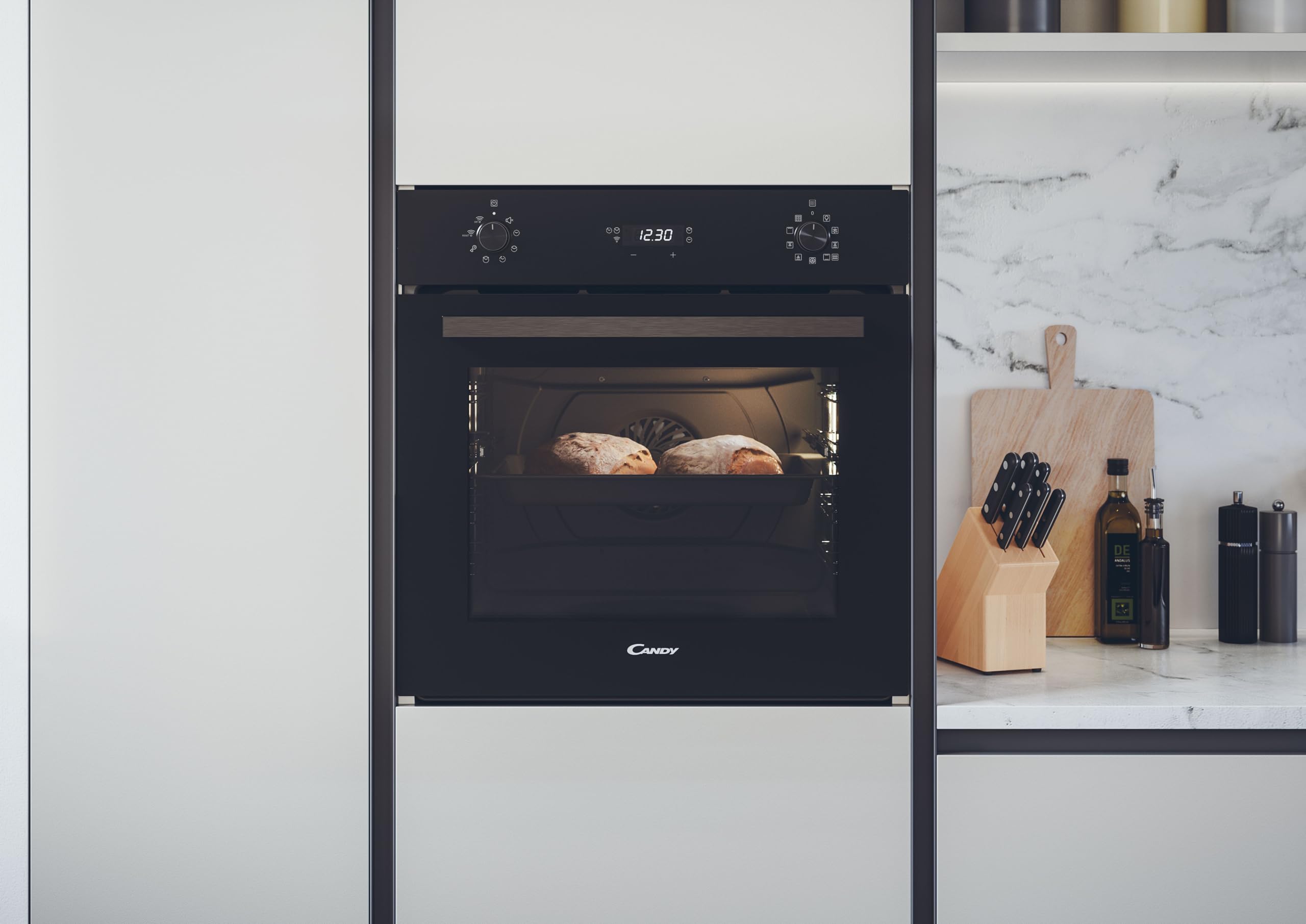 Candy FMBC 896S / Einbaubackofen mit Heißluft / 70 L/Pyrolyse Selbstreinigung mit Aquactiva/Versenkbare Knebel/Display mit Touch-Bedienung/Timer/Uhr / 9 Programme/Schwarz
