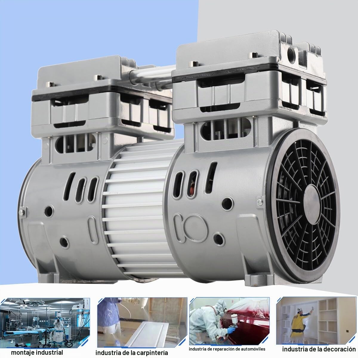 compresor de aire de 750 W/1 HP, sin aceite, 8 bar, 145 l/min, 65 dB, silencioso con almohadilla amortiguadora para los pies