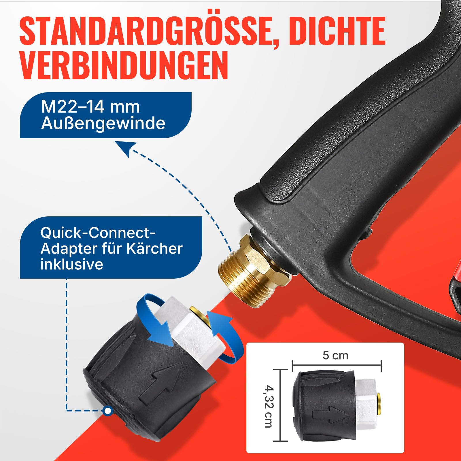 YAMATIC Hochdruckreiniger-Pistole mit 5 Sprühdüsen, Jet-Waschpistole, kompatibel mit Kärcher K-Serie K2-K7, M22-14 mm und M22-15 mm Einlass-Hochdruckreiniger, Verlängerungsstab für Auto-Reinigungssets